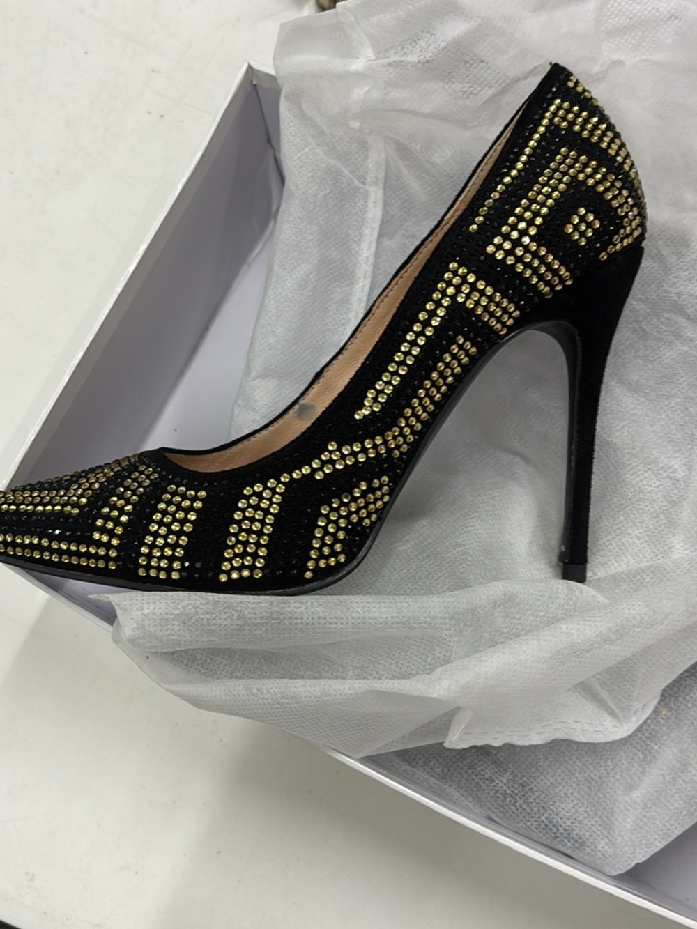 Vince Camuto Black Pointed Toe Stiletto with Gold Stud Pattern